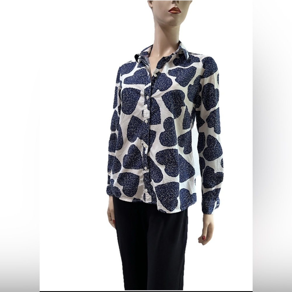 Blue and White Long Sleeve Button Down Shirt with Notched Collar